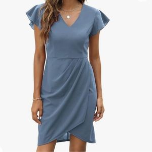 Manydress grey/blue short sleeve wrap mini dress